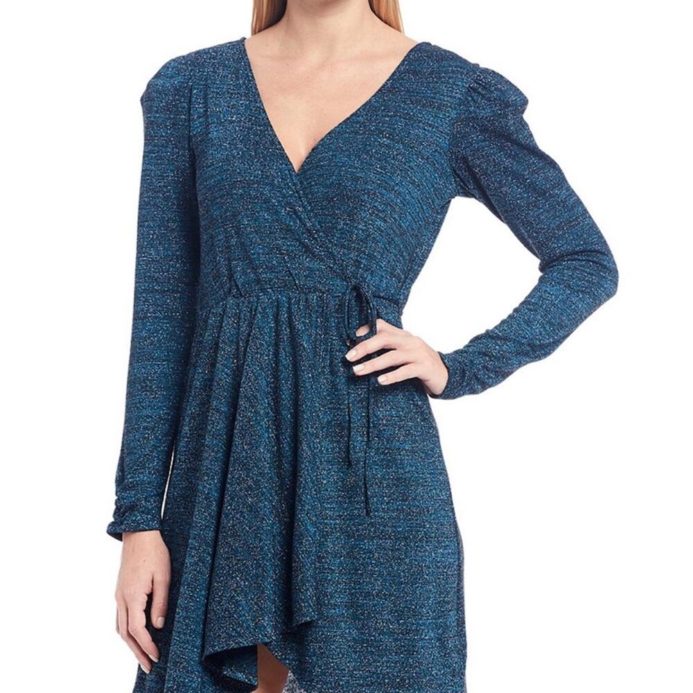 Band Of Gypsies Gemme Long Sleeve Faux Wrap Metallic Dress M NEW - Picture 3 of 8